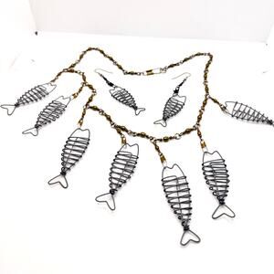 Vintage 90s Silver Brass Wire Fishing Swivel Fish Skeleton Charm Jewelry Set
